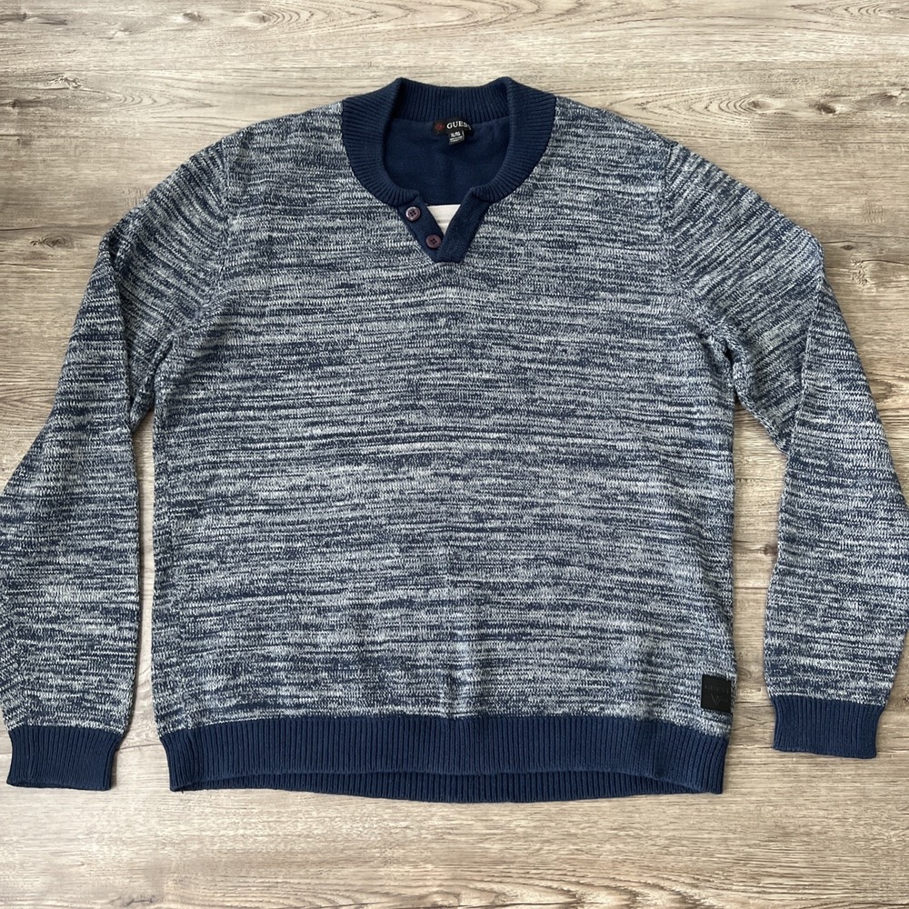 Guess Henley Marled Knit Sweater Mens XL Blue Regular Fit Casual Pullover